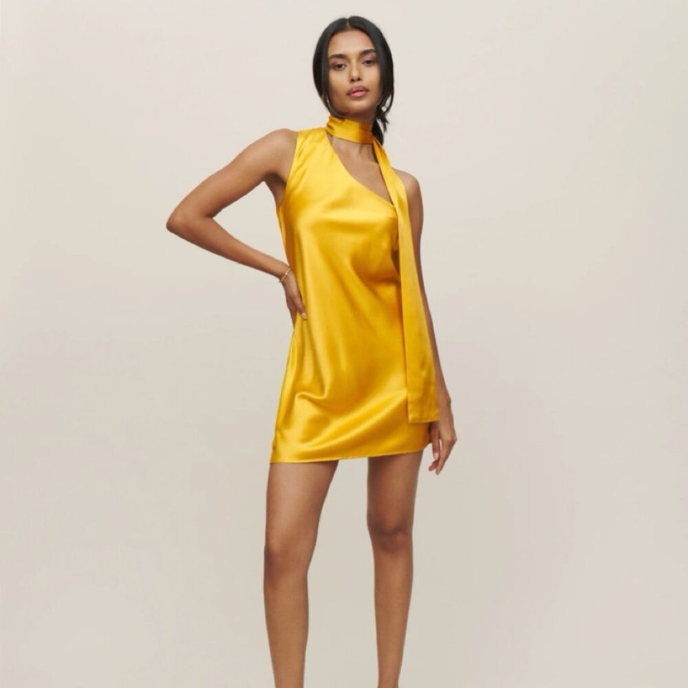 Reformation 100% Silk Golden Yellow One-Shoulder Mini Dress with Neck Tie Scarf